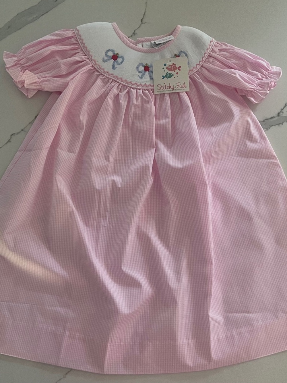 Stitchy Fish Pink Gingham Smocked Dress Size 2T NWT